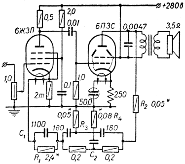Схема применения лампы 6ПЗС в качестве однотактного усилителя мощности низкой частоты в классе А